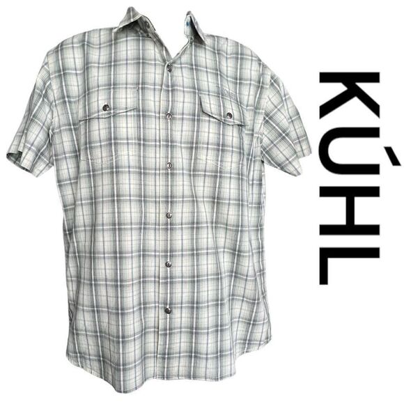 Kuhl Men's Plaid Short Sleeve Performance Button-Down Shirt White Gray Sz Medium - Picture 1 of 11
